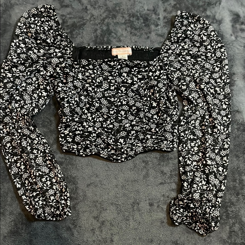 BOG Collective Floral Black and White Women's Cropped Mesh Top